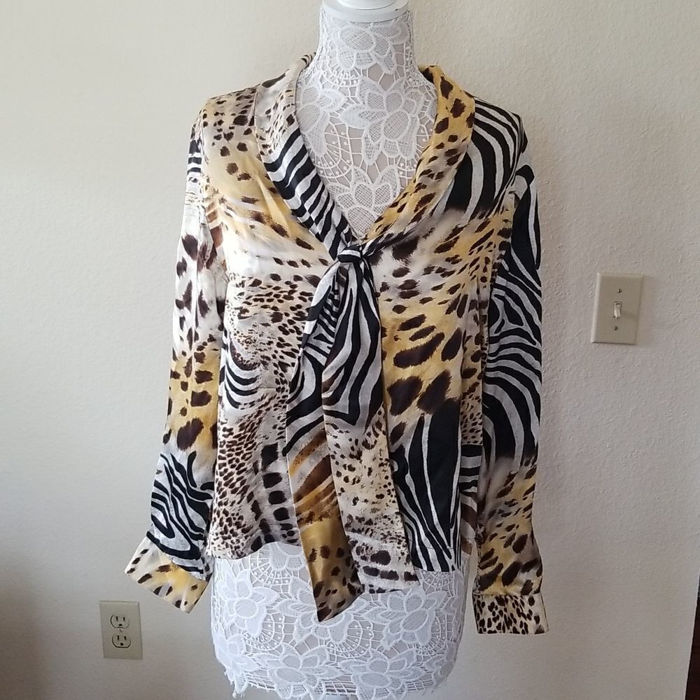 Harve Benard Animal Print Blouse - Black, White, Gold